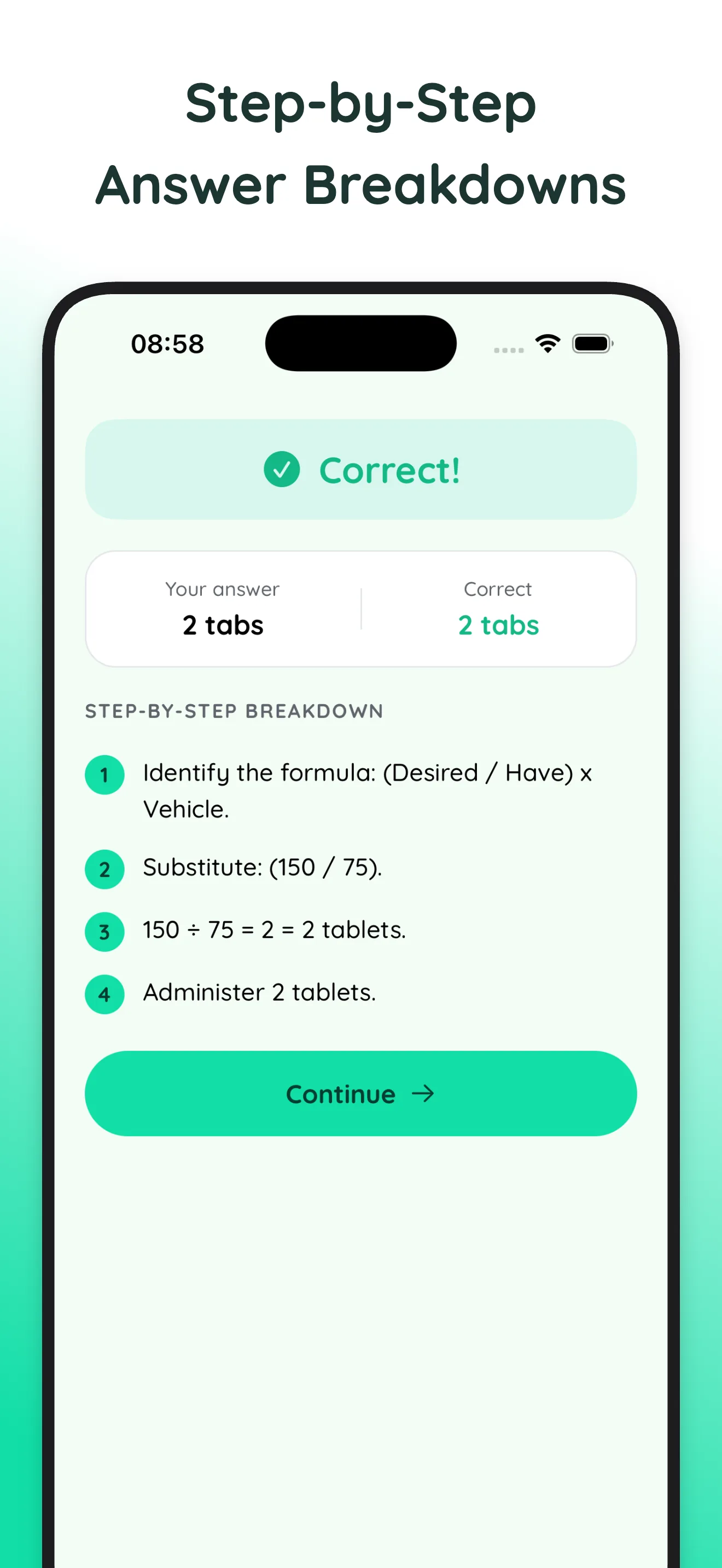 DoseRightRN correct-answer screen with a numbered step-by-step breakdown of the dosage calculation
